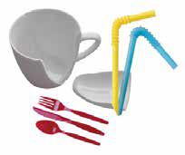 Broken coffee cup, plastic utensiles and straws