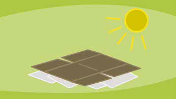 A cartoon graphic of a pile of wet carboard and paper drying in the sun