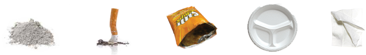 hot ashes, cigarette butts, chip bags, styrofoam plates
