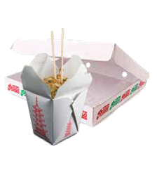 Chinese food and pizza takeout boxes