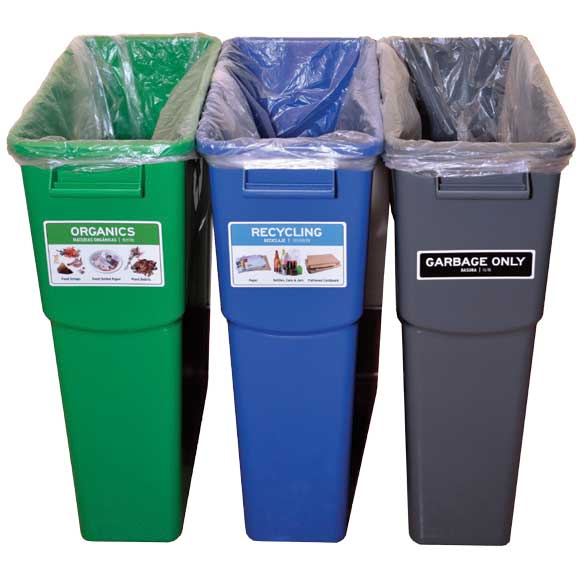 3 bins for sorting trash, recycling and compost