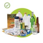 recyclable items: glass, plastic, boxes, paper, cans