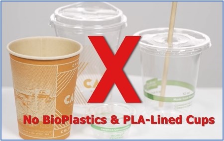 Photo of bioplastic and PLA-lined single-use cups with a red "x" over them