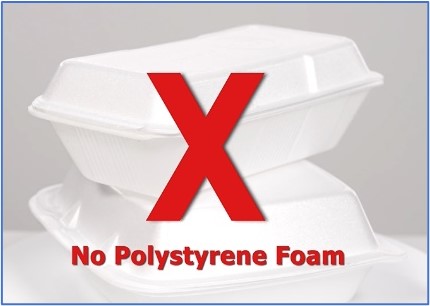 Photo of polystyrene foam single-use containers with a red "x" over them